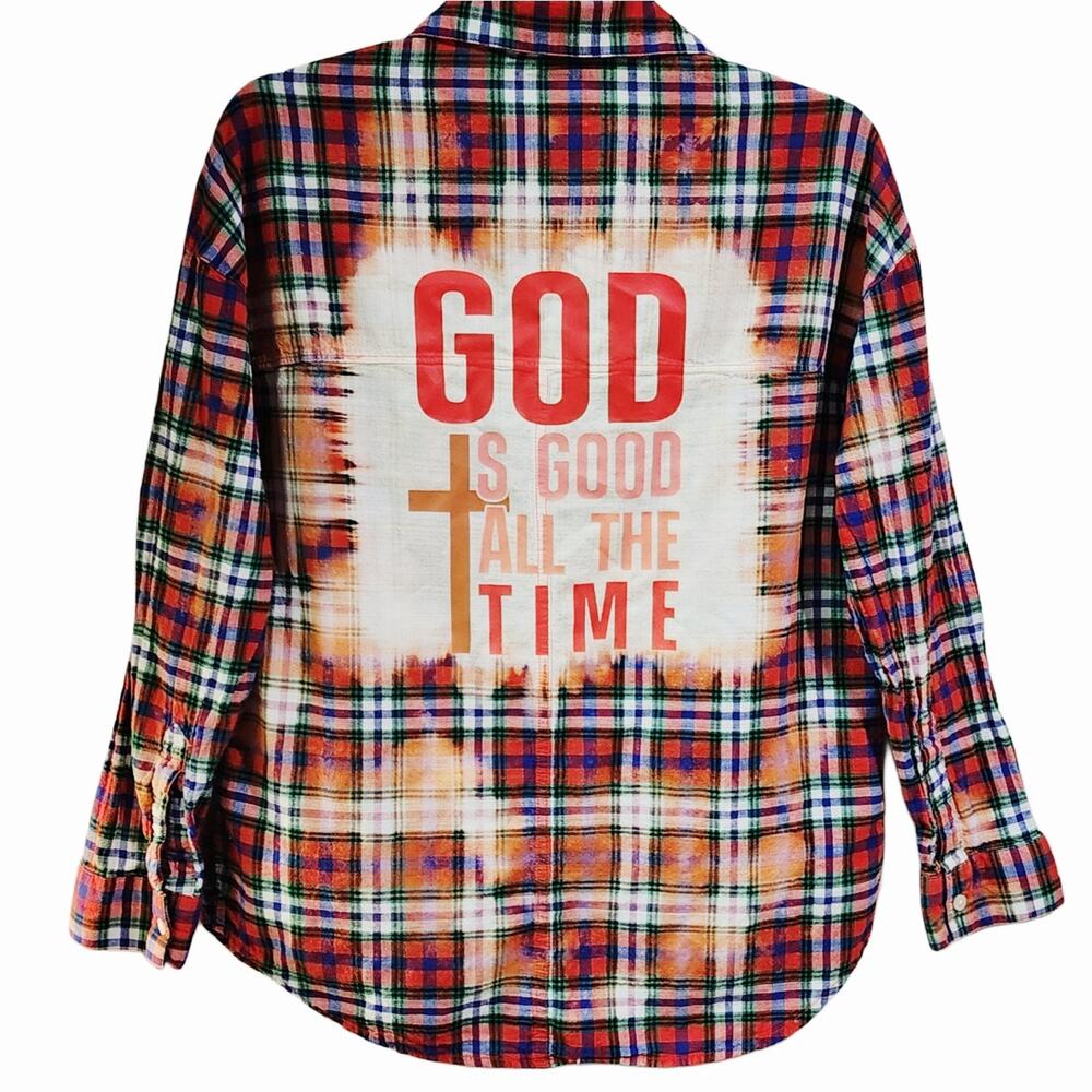 God Is Good All The Time Custom Christian Upcycled Plaid Shirt, Women's S